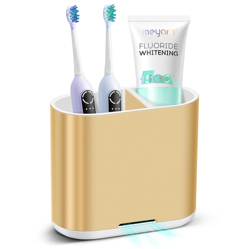 Chintu Toothbrush and Toothpaste Holder with Divider for Bathroom Countertop Organizer  Detachable for Easy Clean Kids Electric Toothbrush Holders Storage Caddy for Family (Gold) - Image 1